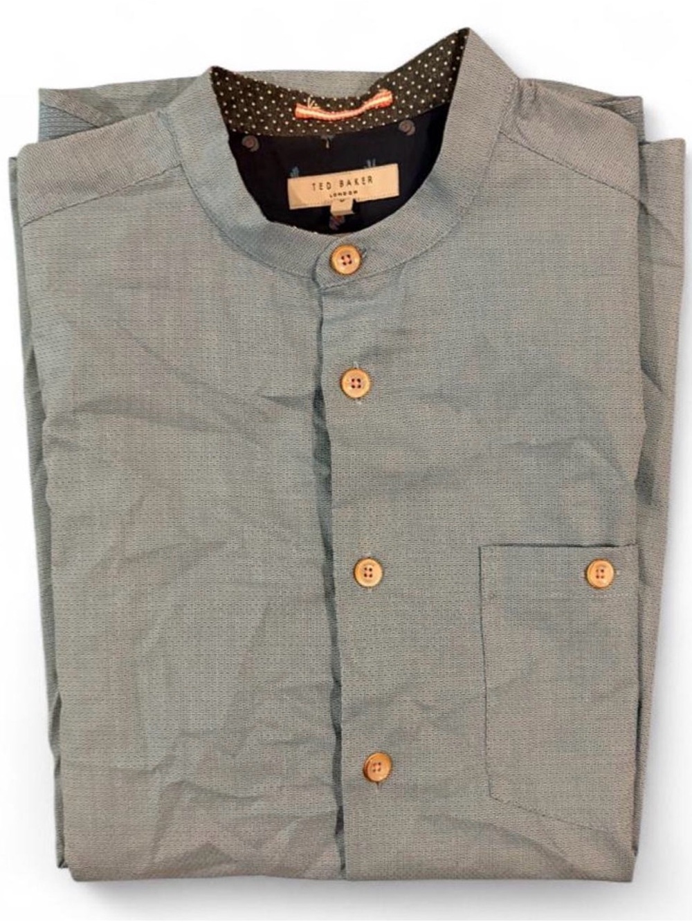 Ted Baker Size 3 Men Medium Blue Geometric Micro Pattern Grandad Collar Shirt